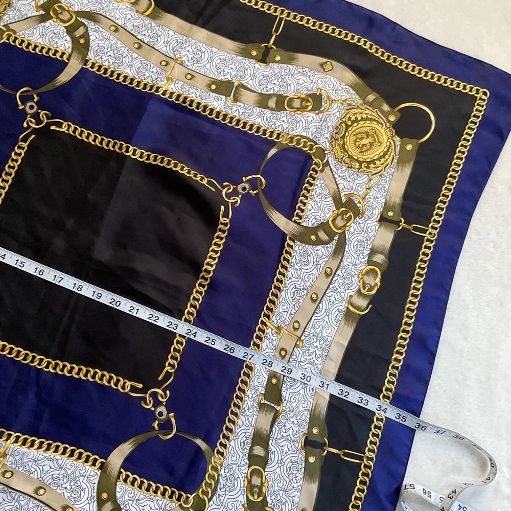 Vintage Equestrian Chain Medallion Scarf 36” Square Navy Gold Silk Feel